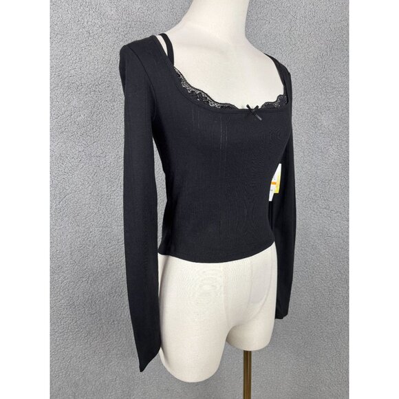 Sugar Moon Juniors' Women's Layered-Look Pointelle Knit Top Black Size Small NWT - Picture 3 of 8